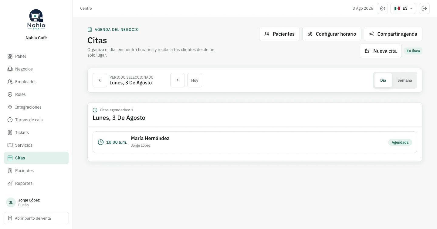 Agenda real de NahlaPOS con citas y disponibilidad por empleado